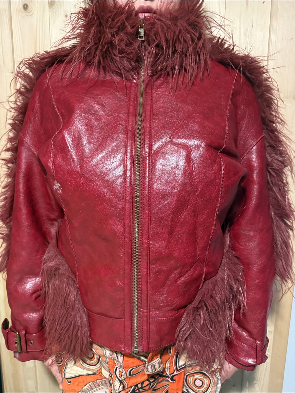 AKIRA Red Leather Jacket with Faux-Fur Trim